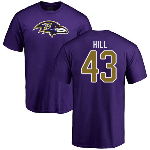 Men Baltimore Ravens Purple Justice Hill Name and Number Logo NFL Football #43 T Shirt->women nfl jersey->Women Jersey